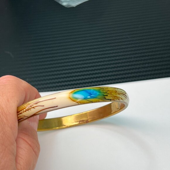Vintage Enamel Peacock Feather Bangle Gold-Tone Bracelet Cream Blue Green - Picture 3 of 11